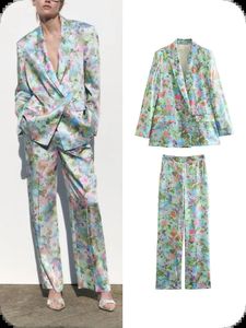 Pantalon ensembles costumes floraux pour femmes Blazer manteaux à manches longues imprimé femme 2 pièces costume taille élastique pantalon printemps ensemble 240127