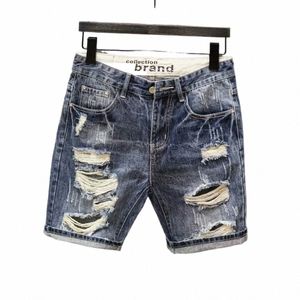 pantales cortos de mezclilla sueltos rectos para hombre, ropa de calle de moda coreana, pantales vaqueros ajustés azules, pantales cortos v z5O5#