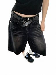 Pantales vaqueros Retro de tiro bajo para mujer, Jeans holgados recortados de lavado negro cepillado, pantales cortos deshilachados de pierna anch W14T#