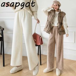 Pantalones de Mujer Solid White Plus Size Gebreide Wide Leg Pant Dames Elastische Hoge Taille Zwart Straight Fleece Elegant Chic Wild 210610