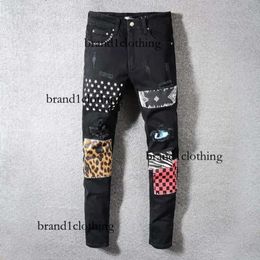 Pantaloni Alla Moda Jeans Da Uomo en détresse déchiré lettre Hip Hop trous moto Biker Denim pour Mans pantalon noir