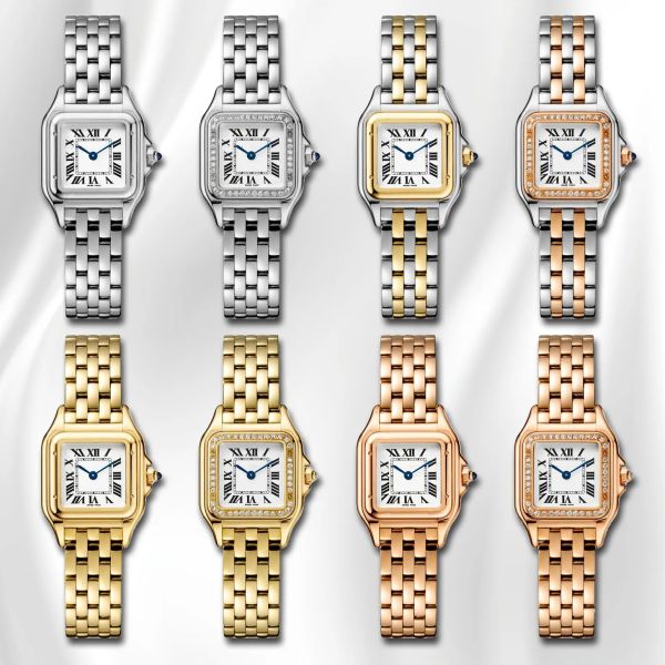 Panthere a inspiré son ensemble de montres - mouvement de quartz, accents de diamant, acier inoxydable, cristal saphir, visage carré