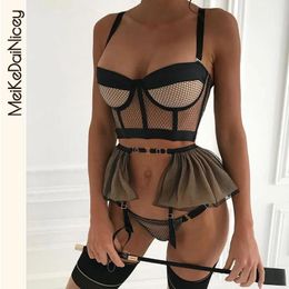 Meikedainicey – ensemble 3 pièces de lingerie sexy, sous-vêtements fantaisie sensuels, porte-jarretelles à volants, soutien-gorge rembourré en dentelle, ensembles érotiques délicats