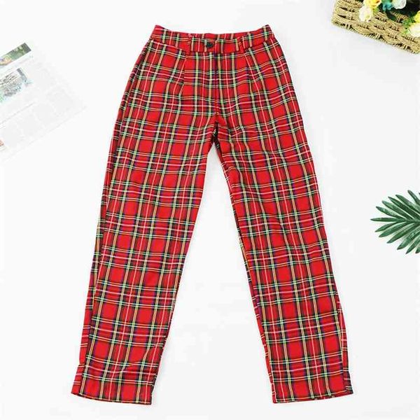 pantolon Street Straight Pant Painted Punk Checkered Pants Plaid Zipper Casual style vintage Red Harem Pantalon 210520