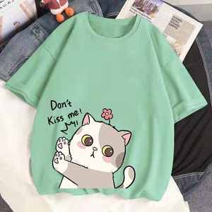 Pantalon 100% coton été t-shirts Haruku Anime Kawaii chat imprimé ne m'embrassez pas ample à manches courtes sauvage t-shirts haut pour femme vêtements