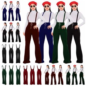 broek 2021 Europese mode Solid Color High Taille Big Round Buckle Zipper Flare Leg Suspenders Support Mixed Batch