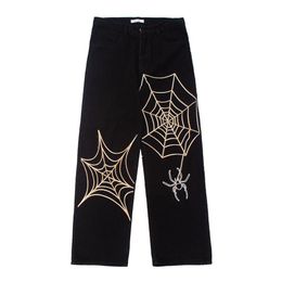 Pantalon 2021 toile d'araignée broderie pantalon droit jean pour hommes Streetwear Vibe Style décontracté surdimensionné Denim pantalon pantalons Hombre