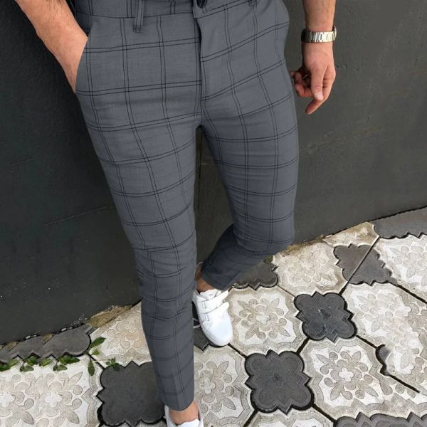 Pantalon 2023 hommes Vêtements Hot Men's Pantal Business Plaid Slim Spring Automne Midrise Checkered Patters Pantalon pour hommes Streetwear