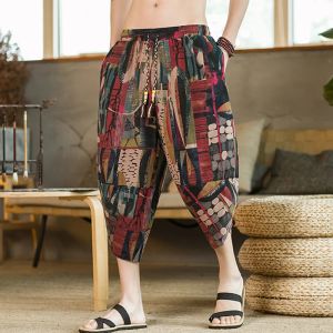 Broek 2023 mannen katoen linnen harem broek mannen zomer afdrukken ademende linnen bijgesneden broek mannelijke casual baggy trekkoord strandbroek 6xl