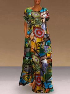 Pantalon 2023 Été Boho Longues Chemises Robes pour Femmes Rétro Imprimé Manches Courtes Causal Élégant Bohème Robe De Soirée Maxi Robes Poche