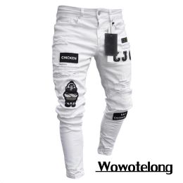 Pantalon 2023 broderie blanche jeans déchirés skinny hommes coton extensible slim hop pantalon denim jeans décontracté pour hommes jogging pantalon