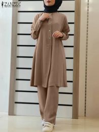 Broek 2023 Zanzea mode moslims sets kalkoen met lange mouwen blouse broek set 2 stks solide kleur elegante casual outfitifites ramadan abaya hijab