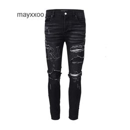 Broek 2024 Amiirii Fashion Jean Purple Demin Mens jeans heren met gaten witte slanke montage denim mode oude leggings 4ooi