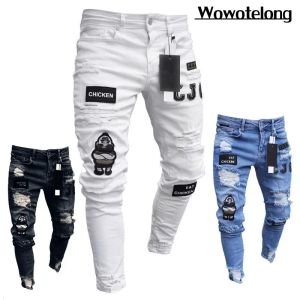 Broek 2024 Wit borduurwerk magny gescheurde jeans mannen katoen rekrijk slanke fit hiphop denim broek casual jeans voor mannen joggen broek