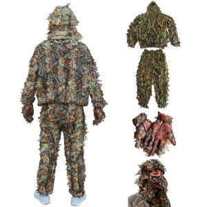 Broek 4 stuks unisex 3D camouflagepak buiten ghillie pak jachtkleding jas +broek +jachthoofddeksel +jachthandschoenen 4 stuks