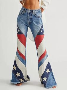 Broek American Street Star Print Skinny Washed Jeans Spring Summer Light Blue Low Taille Patchwork Slim Ladies Raw Edge Flared Pants