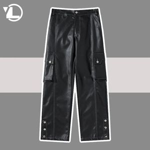 Broek Zwart PU Kunstleer Broek Mannen Vrouwen Hip Hop Streetwear Rechte Wijde Pijpen Broek Mannelijke Retro Punk PU Losse Cargo broek Unisex