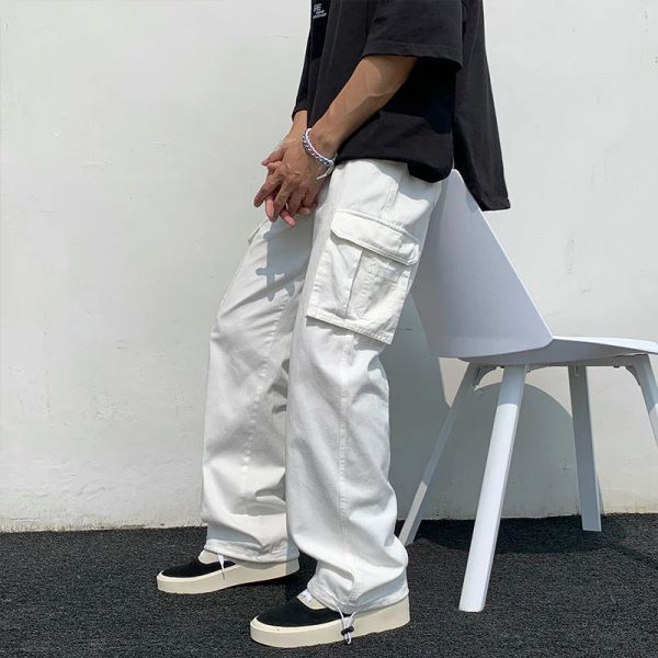 Pantalon noir/blanc Cargo pantalon hommes mode ample droite jambe large pantalon hommes Streetwear Hiphop poche pantalons décontractés hommes pantalon