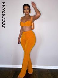 Pantalon Boofeenaa Sexy Summer Club Turnits For Women Two Piece Set Orange White Tricoted Backless Crop Top et Flare Pantal