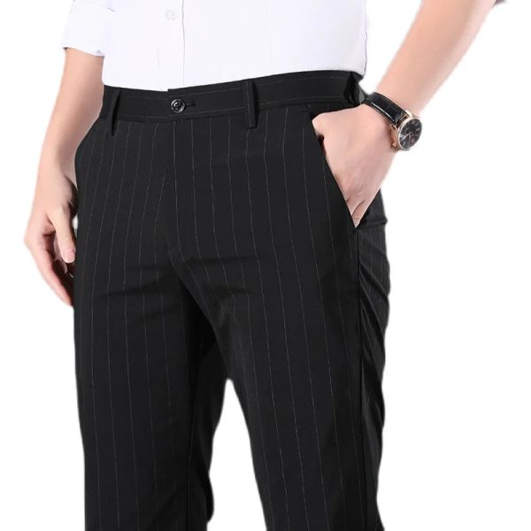 Pantalones Pantalones a rayas para hombre de marca Pantalones largos elásticos ocasionales Pantalón de trabajo ajustado gris negro de algodón para hombre Pantalón clásico para correr