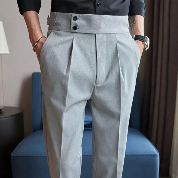 Pantalones Estilo Británico Otoño Nuevos Hombres Traje De Cintura Alta Pantalones Diseño De Cinturón Slim Fit Pantalones Sociales Oficina De Negocios Formal Pantalón De Alta Calidad