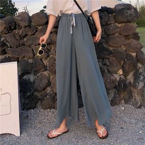 Broek capris zomer losse hoge taille zwarte chiffon wide been broek vrouwen dunne enkel lengte retro casual elastische mode 210610