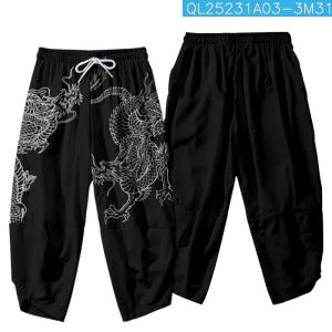 Broek cartoon Chinese draak gedrukt zwarte mannen Japanse harembroek Casual elastische taille kimono bijgesneden broek streetwear