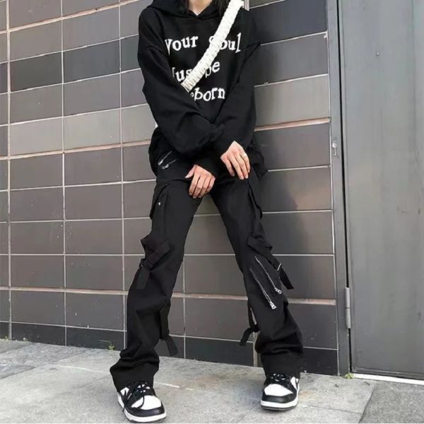 Pantalon Chic décontracté Cargo pantalon hommes Joggers fermeture éclair rubans Hip Hop Techwear Style coréen coupe ajustée sarouel mâle Y2k High Street