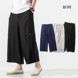 Pantalon Style chinois Hanfu ample lin grande taille décontracté pantacourt 2021 droit pantalon large été Harajuku Hakama hommes