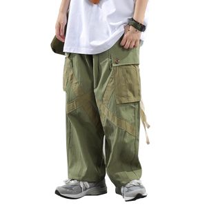 Pantalon Contraste Pantalage de cargaison multipocketed Mens Mens Safari Style Baggy Pantalon Pantalon Colord Color Block Patchwork pantalon lâche Men