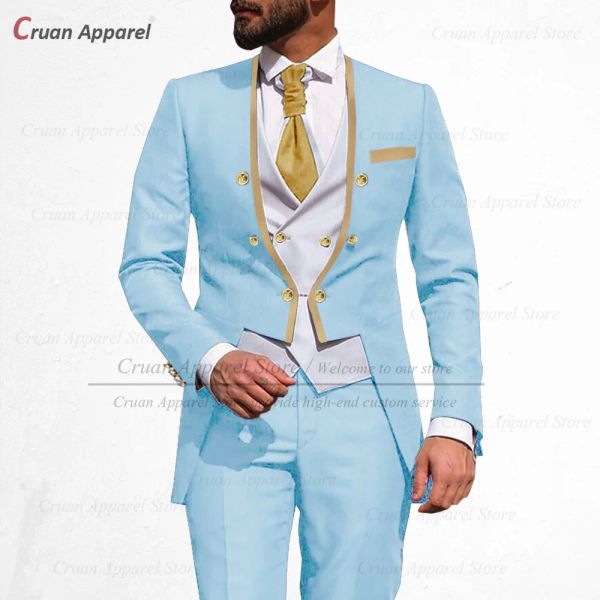 Pantalon de combinaison bleu de luxe personnalisé ensembles 3 pièces costume de mariage de mode pour hommes best man halpcoat gold boutons veste pantalon gilet smoking