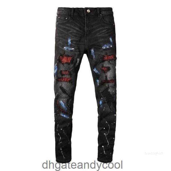 Pantalon Designer Diamond Fall Mens Red Denim Man Amirres 8616 Jeans Am Perforated Black Men's Fashion Speckle Ink Stretch Slim Trend Small Foot NW56