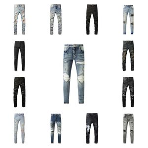 Pantalon concepteur masque am jeans violets jean pour hommes broderie déchirée pentagram patchwork marque de moto pant