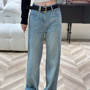 Pantalon début d'automne nouveau jean usé lettre brodée taille haute pantalon droit mode ceinture assortie