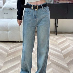 Pantalon début d'automne nouveau jean usé lettre brodée taille haute pantalon droit mode ceinture assortie