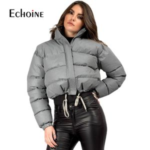 Echoine 2022 Winter Dames Pufferjassen Effen Lange Mouw Opstaande Kraag Losse Dikker Warm Houden Rits Korte Casual Parka Jas