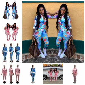 Broek Europese mode print bloemenstreep lange mouw standaard kraag zipper casual pak roze blauw ondersteuning gemengde batch