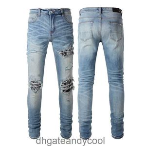 Pantalon créateur de mode Denim homme 6665 Amirres High Street Jeans marque de mode bleu hommes plissés motif de rides Patch cassé Slim Fit Skinny Jeans NTNN