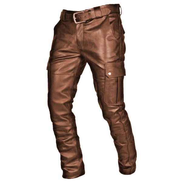 Pantalones moda de color sólido de color sólido pantalones de cuero de puk para hombres pantalones de bolsillo de bolsillo pantalones de motos delgados