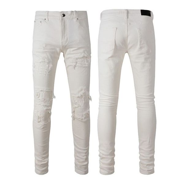 Pantalons pour hommes skinny marque jeans jeans empilés hommes pantalons pour hommes hip-hop haute rue marque de mode jeans rétro déchiré pli couture designer moto équitation pantalon slim