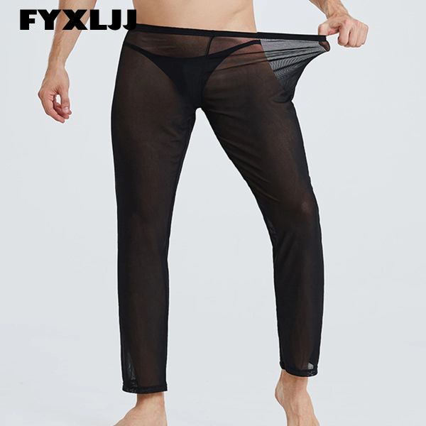 Pantalones fyxljj hombres de malla pura pantalones largos sexys sexy transparente ropa interior regalos de hombres transpirables para hombres durmiendo ropa de hogar ver a través de pijama pantalón