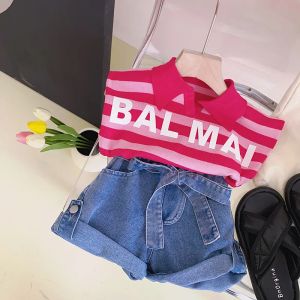 Broek meisjes retro jas zomer kleding set polo kraag roze gestreepte mouwloze korte t -shirt jeans bloemknop denim broek