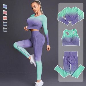 Broek Gradiënt Yoga Set Gym Naadloze Kleding Sportkleding Dames Fiess Trainingspak Shirt Bh Top Hoge Taille Legging Broek Sportpak