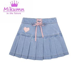 Pantalones Haruku Denim Mini Falda Mujer Cintura Alta Arco Cordones Falda Plisada Estilo Preppy Chica Japonesa Kawaii Faldas Cortas Saia Mujer