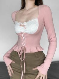 Pantalones houzhou rosa y2k top de manga larga mujeres sexy de encaje cuadrado de collar de collar de collar delgada coquette coquette chicas top