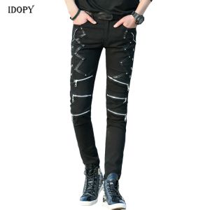 Broek Idopy Fashion Slim Fit broek Punk Style Zwart Patchwork Leather Zippers Dance Night Club Gothic Cool Jeans broek voor mannen