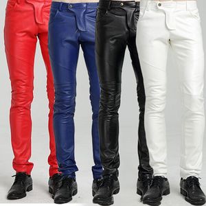 Pantalones Idopy Calidad PU Línea de invierno Sexy Rojo Slim Tight Pantalón masculino Hombres Motocicleta Negro Flaco Biker Pantalón de cuero Jogger Azul