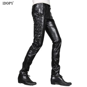 Broek IDOPY SPECIALE MENS SKINNY FAUX LEDER BROEK PERSOONLITY STEMPUNK Zwarte veter Biker Gotische broek voor mannelijk