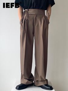 Pants IEFB-pantalones de traje para hombre, de pierna ancha, informales, con tirantes de Color liso, decorativos, estilo coreano, novedad de 2022, pantalones sueltos simples de moda