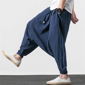 Pantalones M6XL 7XL de talla grande, pantalones de lino y algodón para hombre, moda de otoño 2023, pantalones cruzados largos, pantalones de baile de hip hop de verano, negro, blanco y gris